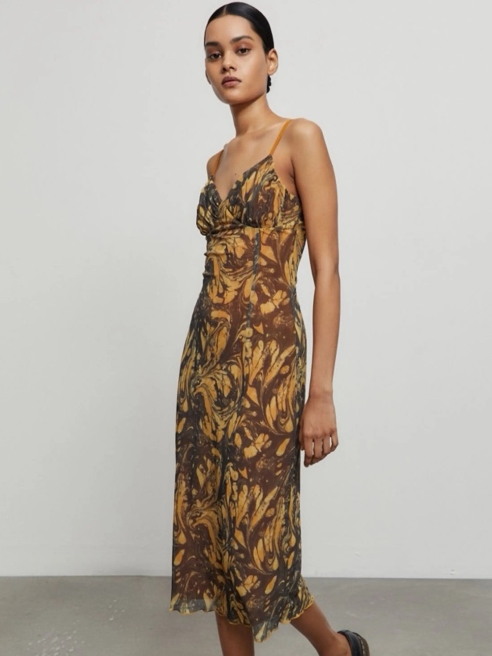 Urban Outfitters Brown & Mustard Swirl Mesh Midi Slip Dress
